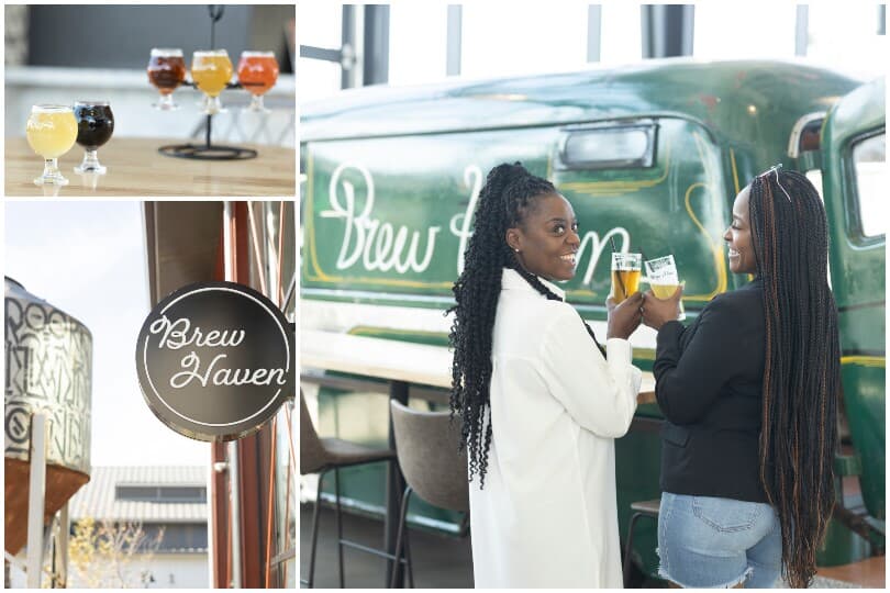 Collage of the Brew Haven sign a beer sampler and two women drinking beer in Ontario Ranch CA 810x5