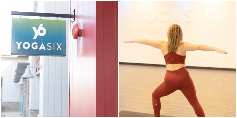 Yoga six exterior sign and woman doing yoga in Ontario Ranch CA 810x405